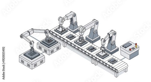 Industrial robotic arms assembly line manufacturing process.
