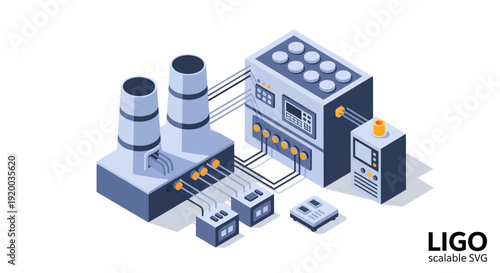 Isometric illustration of industrial machinery and equipment.