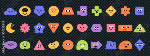 Cute geometric figure cartoon set with funny abstract face icons in different shapes and colors. Each geometric figure face shows unique mood and expression.