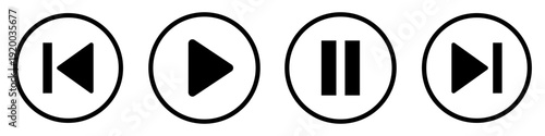 Media transport control icon set with play pause next and previous symbols. Audio video player UI elements for app interface, web streaming and multimedia design