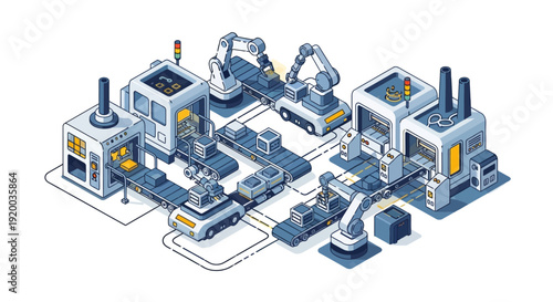 Industrial factory production line with robotic arms and machinery.
