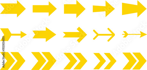 Collection of flat yellow arrow icons and directional pointers in various styles isolated on white background for web and graphic design
