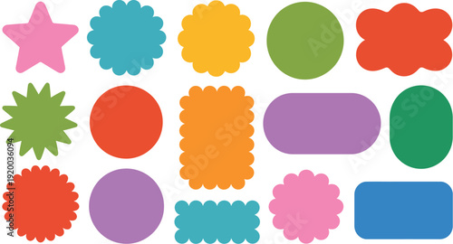 Colorful collection of flat vector geometric shapes and scalloped sticker frames in various bright colors isolated on a white background