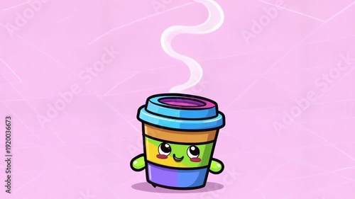 Cute Rainbow Coffee Cup Cartoon Character Smiling and Happy.