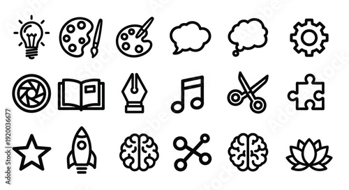 Collection of various black outline icons representing creative concepts silhouette