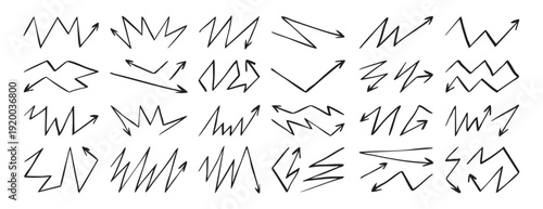 Emphasis zigzag arrow doodle hand drawn zig zag arrow set icon. Outline drawing zigzag line clipart symbol.