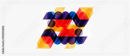 Abstract geometric shapes overlap, creating vibrant colorful design. Yellow, red, purple hues dominate composition. Modern aesthetic.