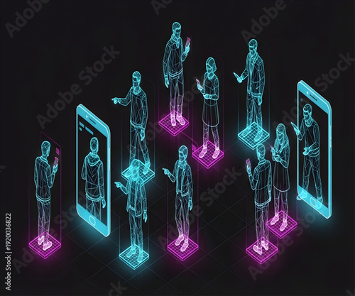 Isometric pixel art scene featuring magenta and cyan humanoid figures in a dark digital space.