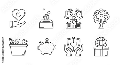 Financial wellbeing icons featuring donation savings and protection silhouette