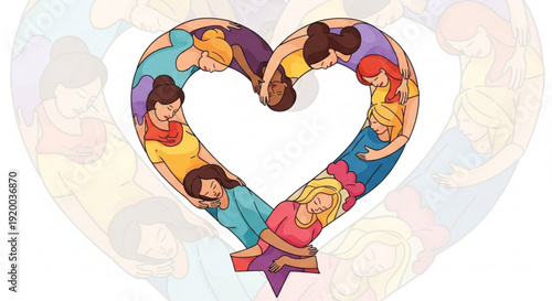 Diverse women forming a heart shape symbolizing unity love and community support illustration for social causes and empowerment