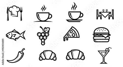 Food and beverage icons in a simple black and white silhouette