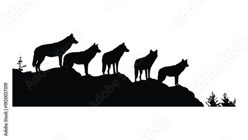 Silhouette of a wolf family standing on a hill overlooking a forest isolated on white background, Vector