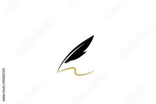 Signature feather pen logo with gold ink in flat design style