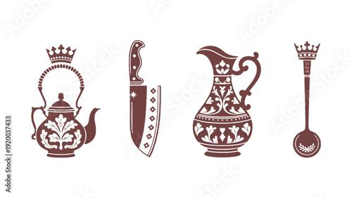 A set of ornate kitchen utensils and cutlery on a white background