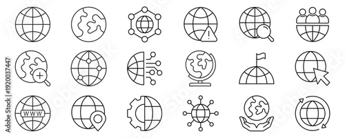 Global icon set. Containing globe, world, networking, globalization, internet, connection, worldwide and more. Outline Icon Collection. Vector illustration. Editable stroke