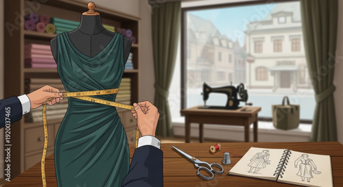 Tailor measuring a green dress on a mannequin with sewing supplies and a vintage sewing machine concept of custom fashion design