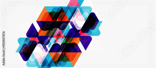 Abstract geometric shapes overlap, creating vibrant colorful composition. Modern design with transparency effects. Clean background enhances visual impact.