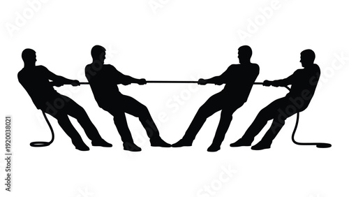 Four people engaged in a tug of war competition, silhouetted against a white background. isolated on white background, Vector