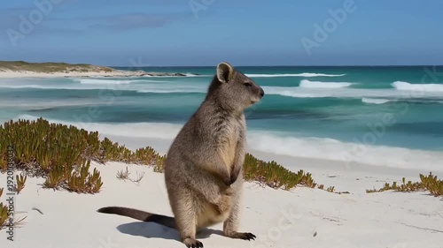 A friendly Quokka stands upright, looking around on a pristine white sand beach with turquoise ocean waves and green coastal vegetation under a bright blue sky.