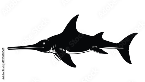 A sleek black and white illustration of an ichthyosaur swimming underwater isolated on white background, Vector