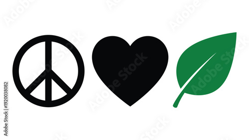 Peace symbol, heart, and leaf representing harmony and environmental care. isolated on white background, Vector