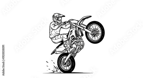 Motorcyclist performing a wheelie on a dirt bike.