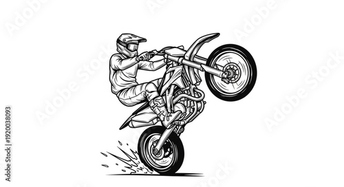 Motorcyclist performing a wheelie on a dirt bike.