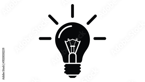 A black and white illustration of a light bulb with rays of light emanating from it. isolated on white background, Vector