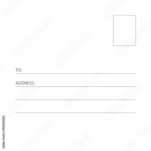 Simple square postal card back design featuring empty message area, recipient address section, and perforated stamp frame in the corner. Editable vector stationery mockup for print, direct mail, and r