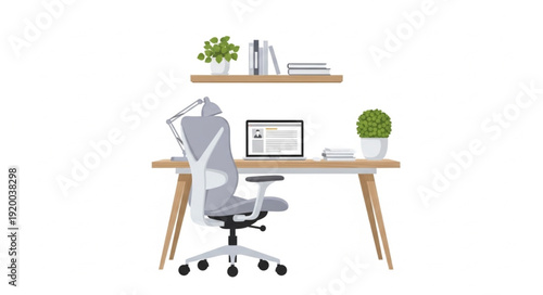 Modern home office desk with laptop and chair.