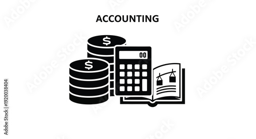 Accounting symbols including money calculator and book silhouette