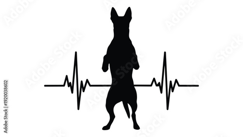 A black silhouette of a dog standing with a heartbeat line underneath. isolated on white background, Vector