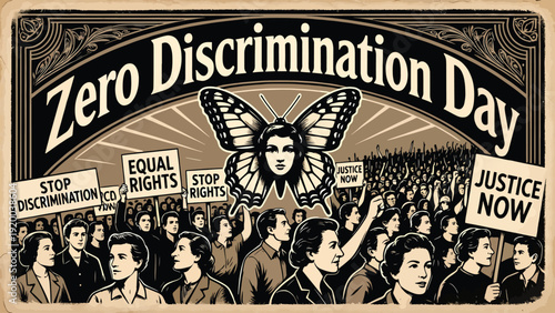 Zero discrimination day, vintage illustration of people protesting for equal rights and justice with butterfly symbol