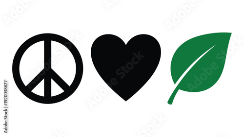 Peace, love, and nature: a symbolic trio of unity and growth isolated on white background, Vector