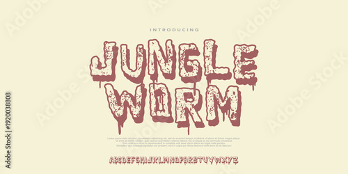 JungleWorm Font ,A spooky cartoon display font with dripping horror style, perfect for Halloween and fun scary designs.grunge texture. vector illustration