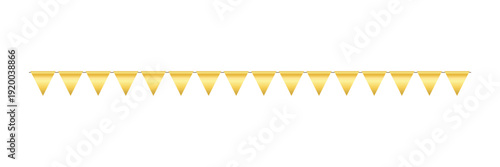 Golden triangle party bunting border. Gold festive flag garland seamless line. Birthday party bunting. Yellow flag ribbon chain. Design element. Vector illustration isolated on white background.