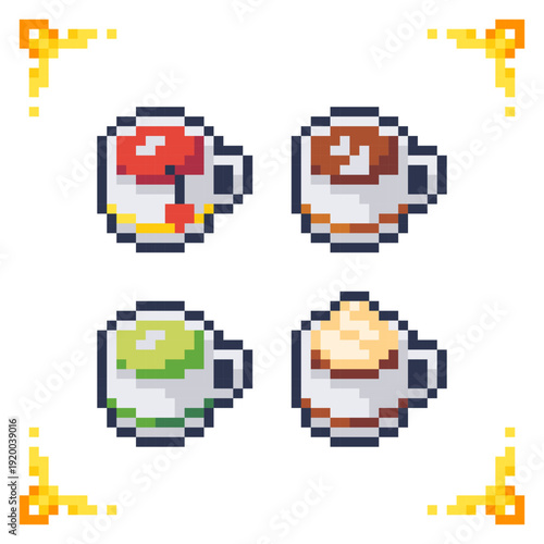 A set of pixel art hot drink icons: tea, coffee, green tea, and cappuccino. 8-bit beverage assets for RPG food inventory, cafe simulators, and stamina recovery mechanics.