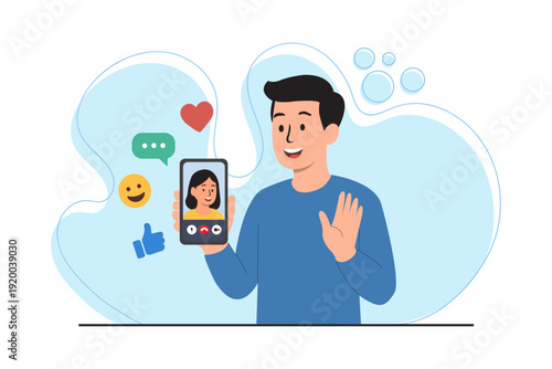 Man Having Video Call on Smartphone with Social Media Reaction Icons Flat Illustration