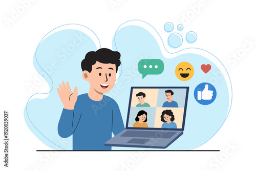 Flat style illustration of a man waving while attending a video conference on laptop. Multiple participants appear on the screen with social media reaction icons around.