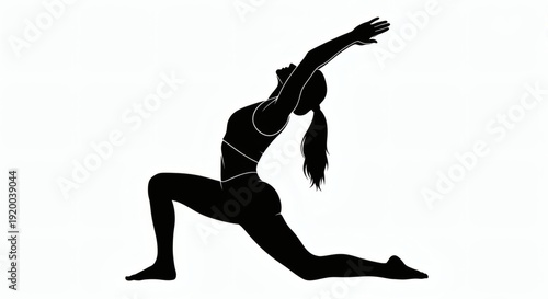 Yoga Silhouette Woman in Crescent Lunge Pose on White.