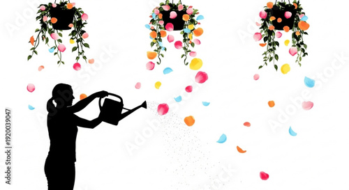 Woman watering flowers with colorful petals falling from hanging baskets in garden