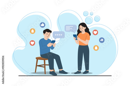 Flat vector illustration of young man and woman using smartphones with social media notification icons such as like, share, heart, and bell.