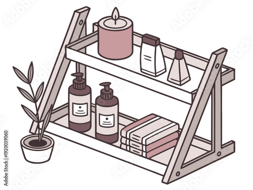 Minimalist Bathroom Shelf with Skincare Products and Candle Illustration