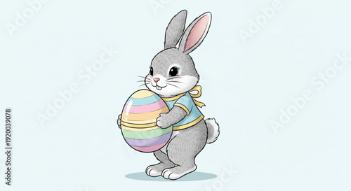 Gray Easter Bunny Holding Rainbow Egg in Blue Scarf on White Background