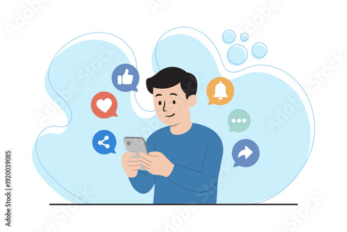 Flat vector illustration of a man using smartphone with floating social media notification icons such as like, share, heart, bell and chat bubbles.