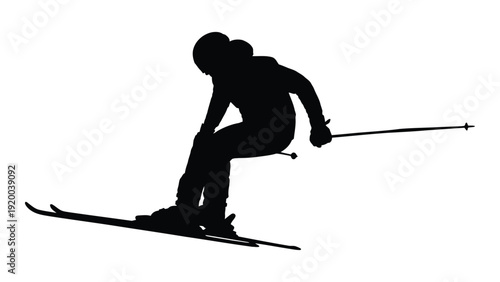 A silhouette of a skier in a crouched position with ski poles extended. isolated on white background, Vector