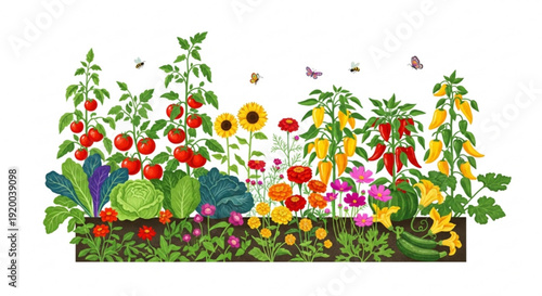 Vibrant garden bed with diverse colorful flowers vegetables and butterflies flying overhead in sunlight