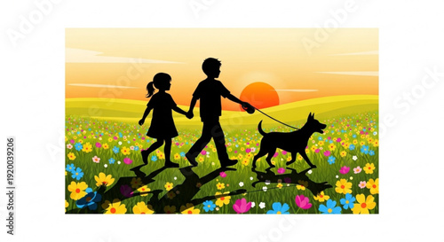 Silhouette of happy family walking dog in colorful flower field at sunset green grass and vibrant flowers