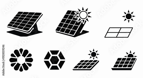 Solar panels illustration pack, vector set including energy panels with sun, clean power solutions, renewable energy, and sustainable technology designs for environmental and digital projects.