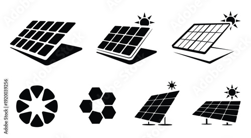 Solar panel vector collection, energy panels with sun illustration, clean power solutions, and renewable energy icons for sustainable technology, green energy, and eco-friendly design projects.